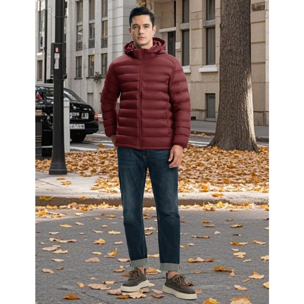 Men’s Wine Red 100% Nylon Hooded Zip-Up Lightweight Warm Winter Puffer Jacket - Picture 3 of 7